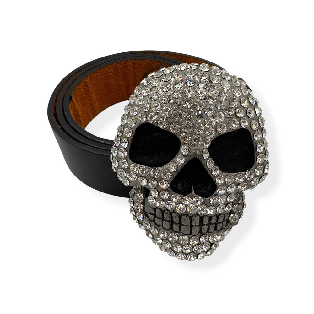 Studded Skull Black Genuine Leather Belt Rock Rhinestones Men's Size 34-36